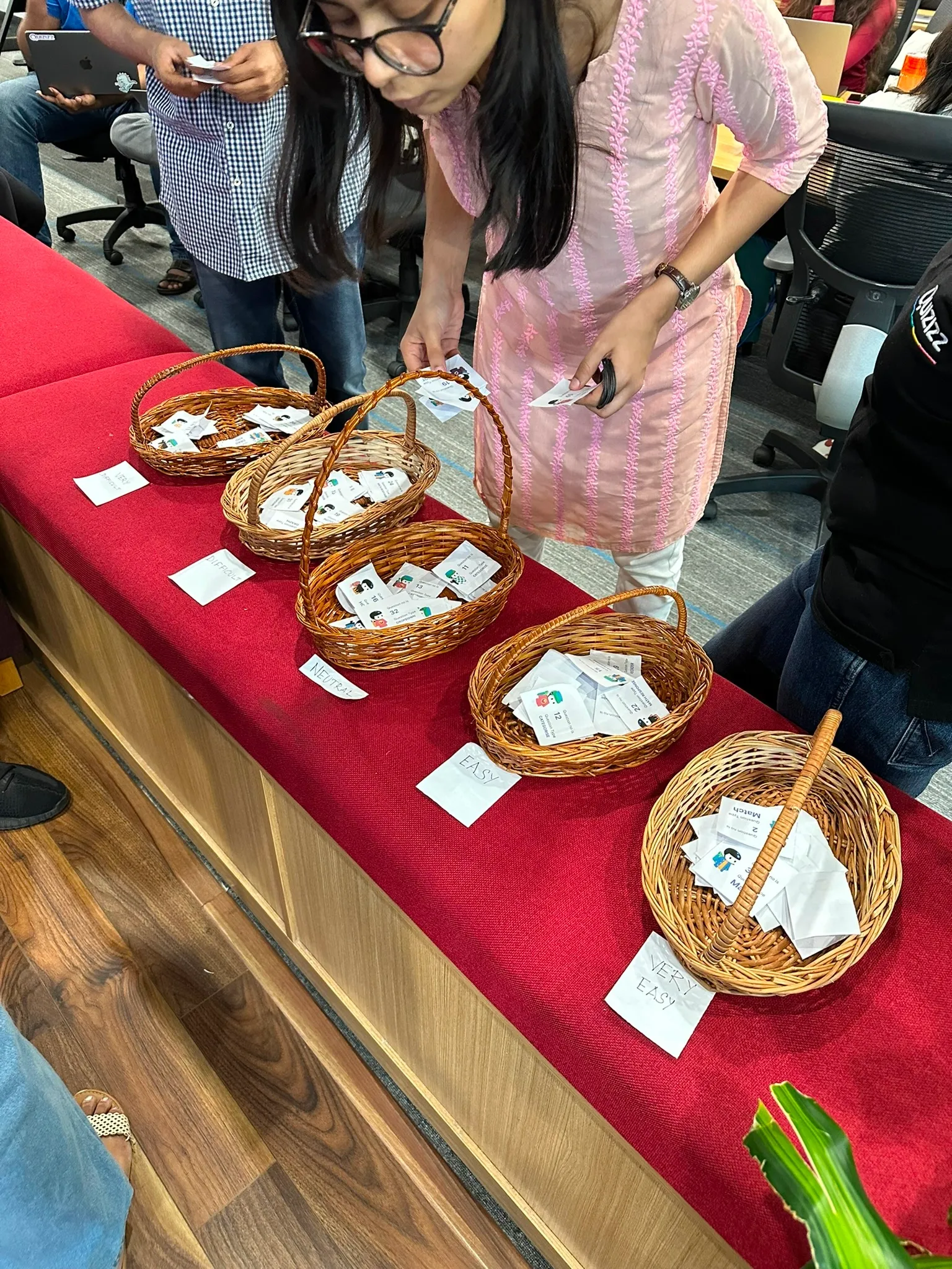 Participants sorting research cards around plates on a table