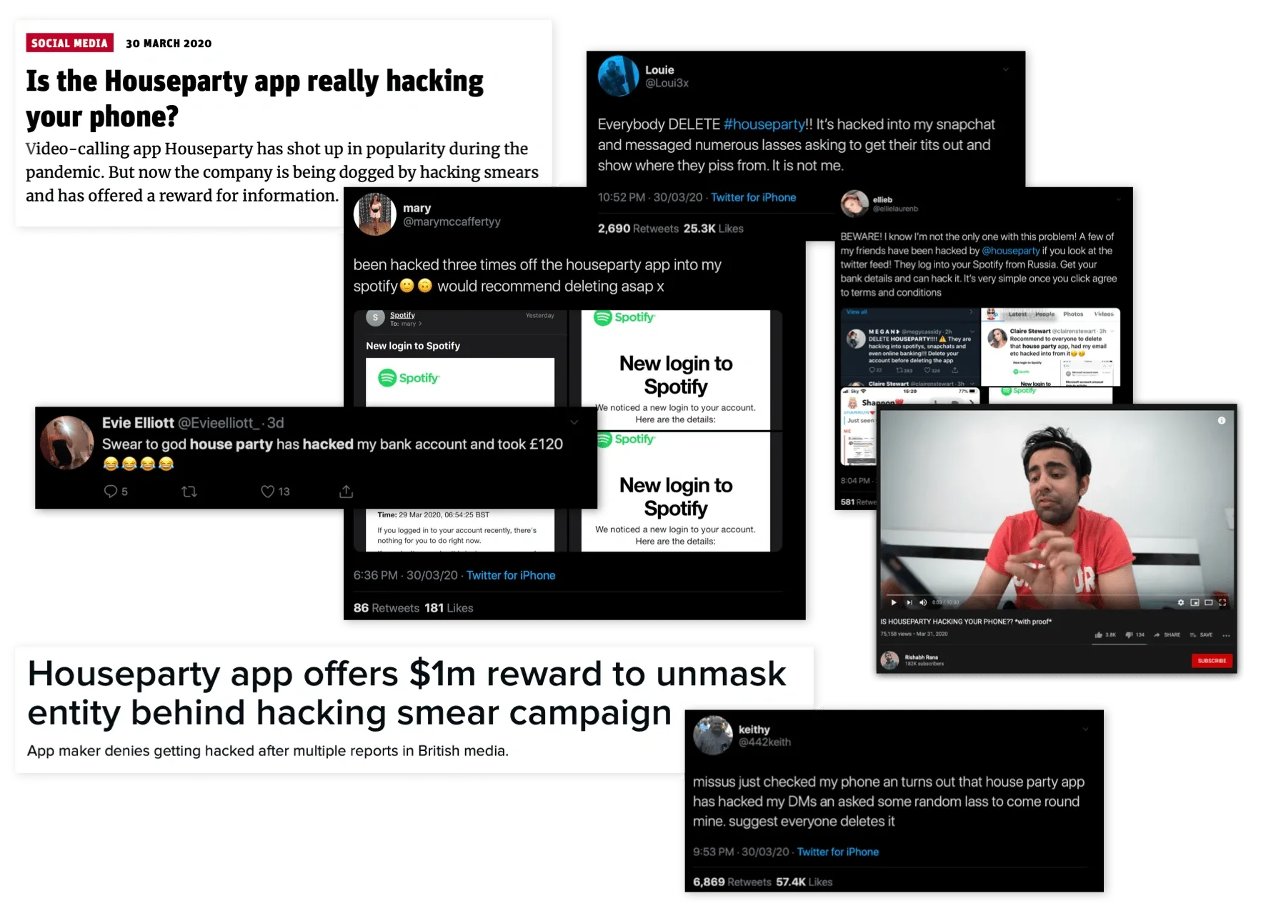 Tweets and articles about Houseparty scam
